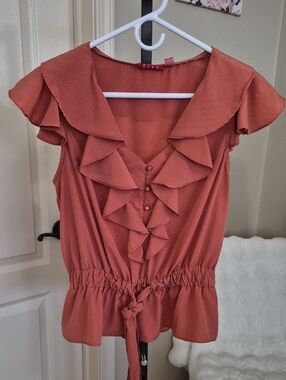 Elle Rust Ruffle Tie-Waist Sleeveless Blouse Size M